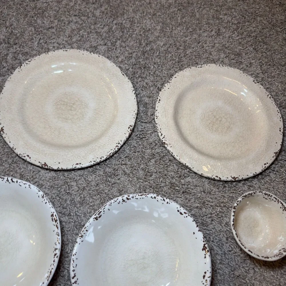 Pier 1 Imports Carmelo Melamine Crackle Bowls Plates Snack Dish LOT of 7 Ivory